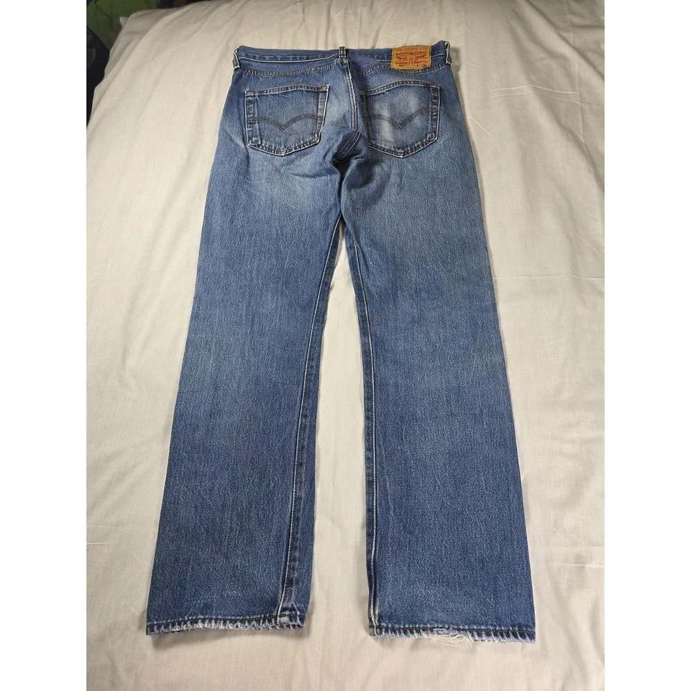 Levis 501 Jeans Mens 34x33 Blue WaterLess Regular Straight Button Fly Distressed